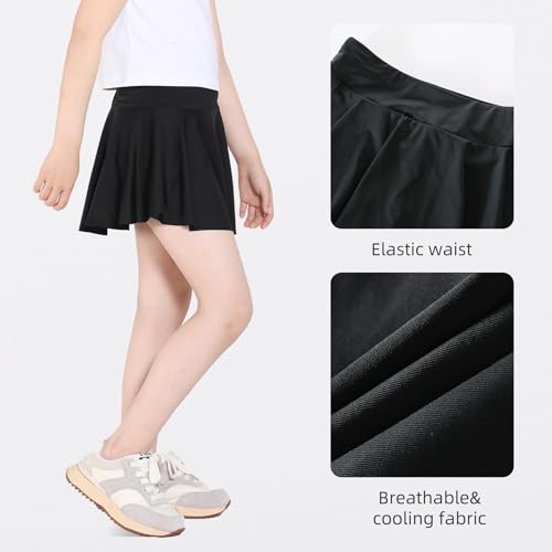 Athletic Skorts for Girls - Flowy Tennis & Golf Shorts with Pocket - 7-8 Years / A-black