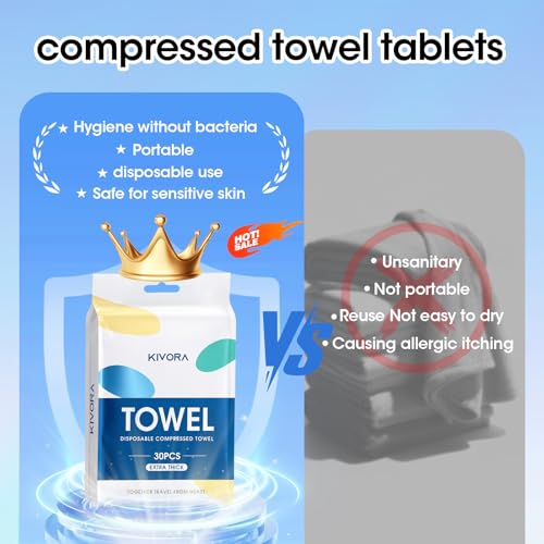 KIVORA Extra Thick Compressed Towels 30 Pack Ultra Soft Travel Towels
