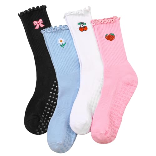 Cute Non-Slip Pilates Grippy Socks for Women - 4 Pairs, Black+White+Blue+Pink