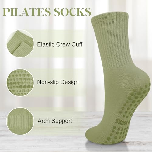 Non-Slip Pilates Socks with Grips for Women - 6 Pairs, Dark Grey+Light Grey+Khaki+White+Pickles Green+Black