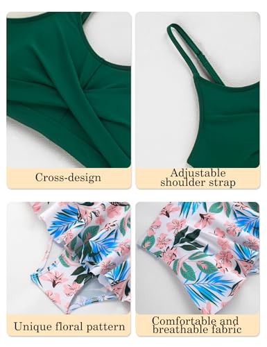 Girls Two Piece Criss Cross Print Bikini Set with Ruffle Hem - Dark Green, 6-7 Years