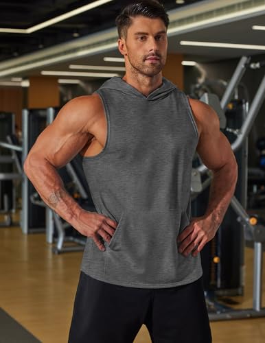 COOFANDY Men's 2 Pack Workout Hooded Tank Tops - Bodybuilding Muscle Cut-Off Sleeveless Gym Hoodies, Large / Black & Dark Grey