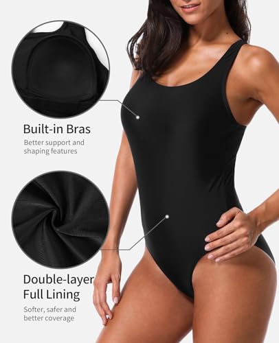 beautyin Women's One Piece Swimsuit Large Black Racerback Bathing Suit with Logo