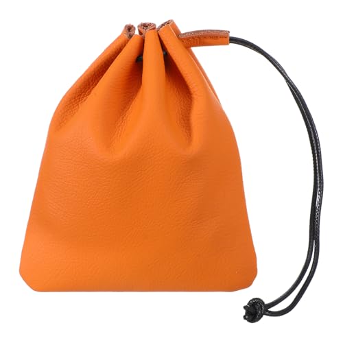 Genuine Cowhide Leather Drawstring Pouch - Medium Brown Storage Bag