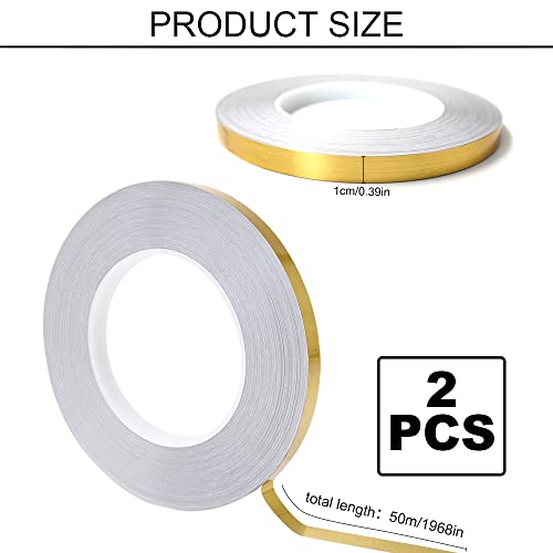 2 Rolls 0.4 Inch x 164 Ft Metalized Polyester Mylar Film Tape, Graphic Art Tape Mirror Tape, Foil Line Adhesive Tape for Wall, Floor, Tile, Gifts Wrapping (Gold)