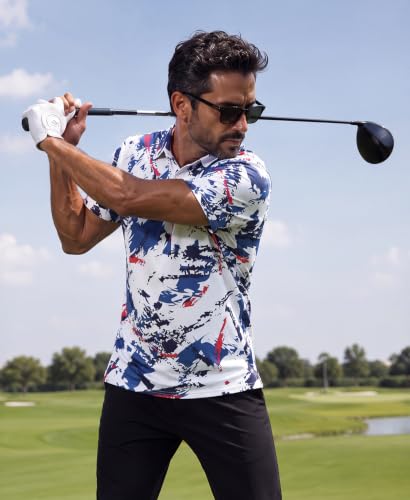KYKU Mens Golf Shirt - Large White Blue Dry Fit Short Sleeve Casual Polo