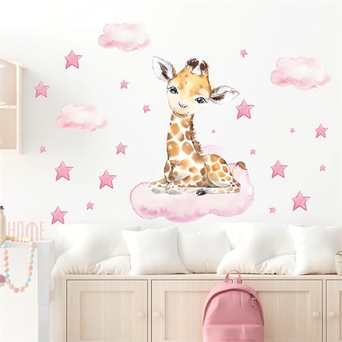 Cute Pink Baby Giraffe Wall Stickers, sacinora Moon and Stars DIY Art Wall Decals Removable Vinyl Peel and Stick for Kids Baby Girls Nursery Bedroom Toddler Room Decorations