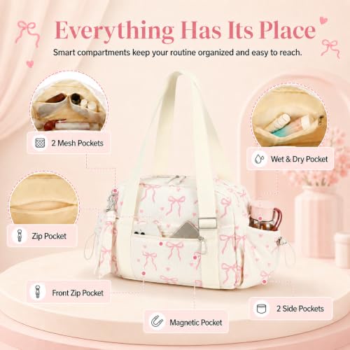 Pink Bow Beige Small Gym Bag for Women - Dance, Yoga & Fitness Tote