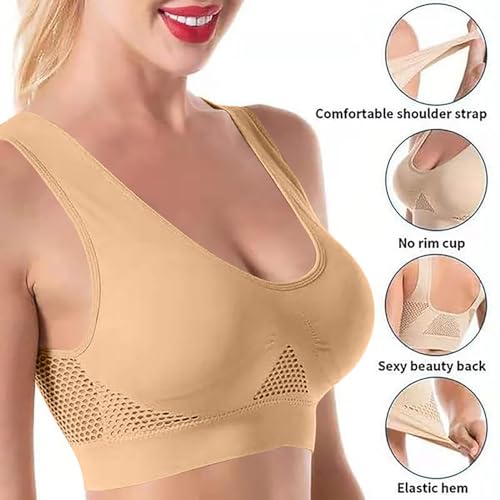 Wireless Sports Bra for Women - Comfy Mesh Liftup Underwear - Beige, X-Large