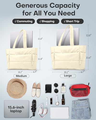 HOTOR Women's Puffer Tote Bag with Multi-Pockets, Zippered, Beige, 18.1 x 6.3 x 11.8 inches