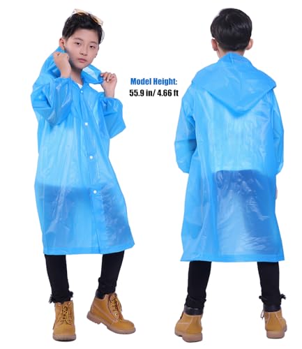 Kids Rain Ponchos 2-Pack for Ages 6-11, Waterproof Reusable Outdoor Rain Jackets Blue