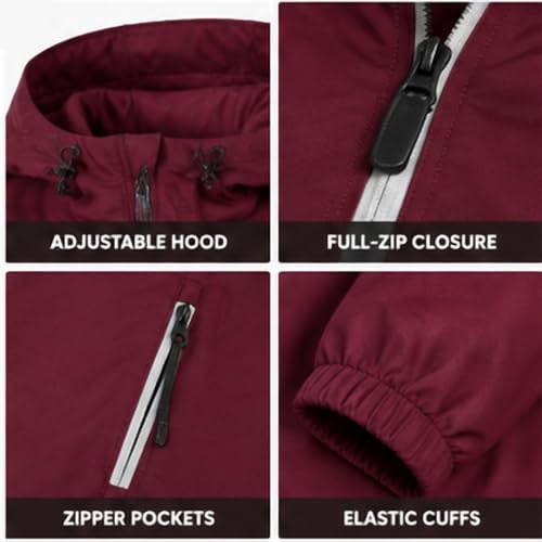 Reebok Women's Maroon Lightweight Rain Jacket - Large Full-Zip Hooded Coat with Pockets