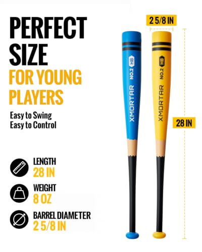 Xmortar 28" 8 oz Plastic Baseball Bat Set - Backyard Wiffle/Blitzball (Yellow & Blue Pencil)