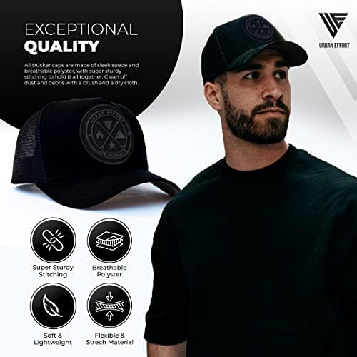 Urban Effort Mesh Back Trucker Hat for Men and Women - Black/Black 5 Panel Snapback Cap