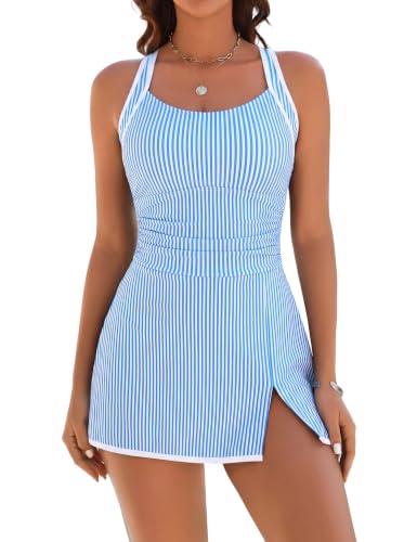 BMJL Women's Blue Stripe One-Piece Swimsuit Swim Dress Tummy Control Medium