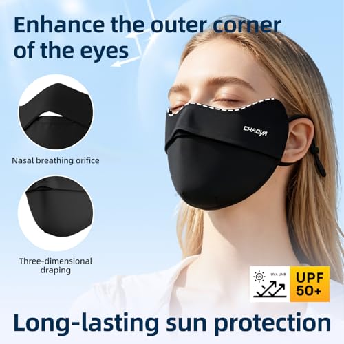 UPF 50+ UV Sun Protection Face Mask - Black, Breathable Cooling Cover