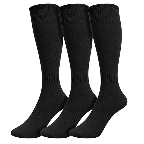 Athletic Knee High Sports Socks - 3 Pairs for Soccer & Baseball - Large Black