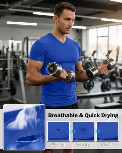 Men's Compression V Neck Shirt - Royal Blue, Large, Quick Dry Athletic Top