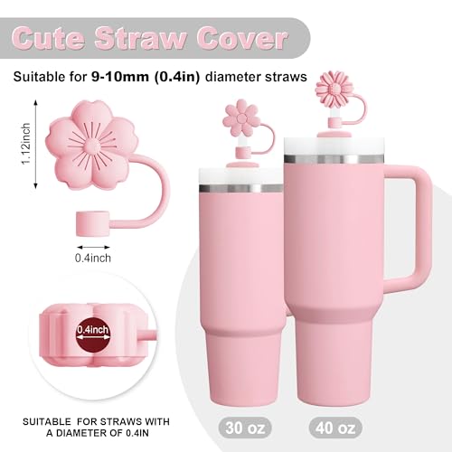 Stanley Cup Accessories Set - 3 Flower Straw Toppers, Silicone Boot, Spill-Proof Stoppers & Charms - Pink