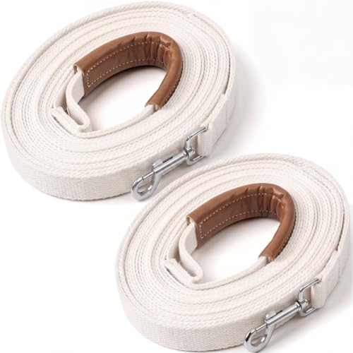 45 Ft Nylon Horse Driving Lines with Leather Wrapped Handle, Solid Brass Trigger Snaps — 2 Pack, White
