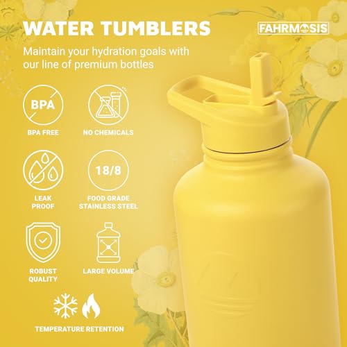 FAHRMOSIS 64 Oz Insulated Water Bottle with Sleeve and 3 Lids - Yellow