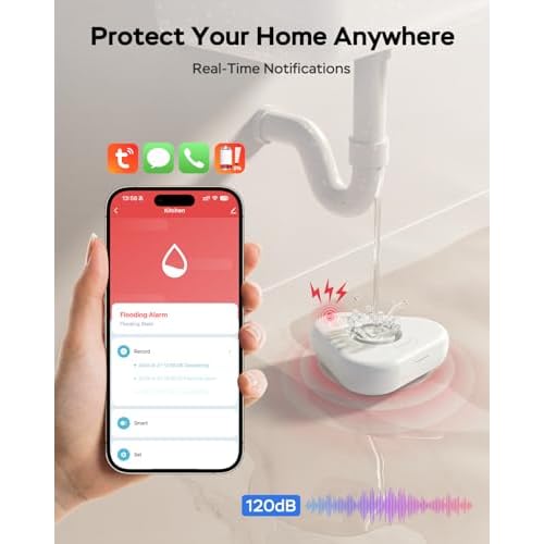 Water Detector Sensor,Water Leak Detectors for Home with App Alerts,Water Alarm Leak Detector with 120db Adjustable,500ft Transmission for Basement,Bathroom, Laundry,No Hub Required (Support 2.4G)