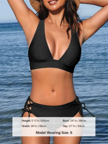 Cupshe Women's Bikini Set Deep V Neck Two-Piece Swimsuit, Medium Black