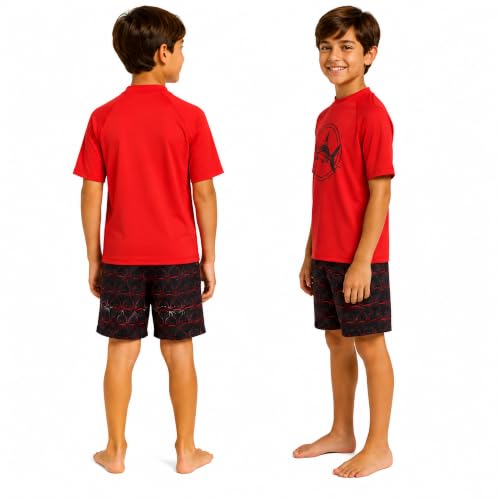Boys 2-Piece Rash Guard Swim Set - Short Sleeve & Trunks - Red/Black Shark