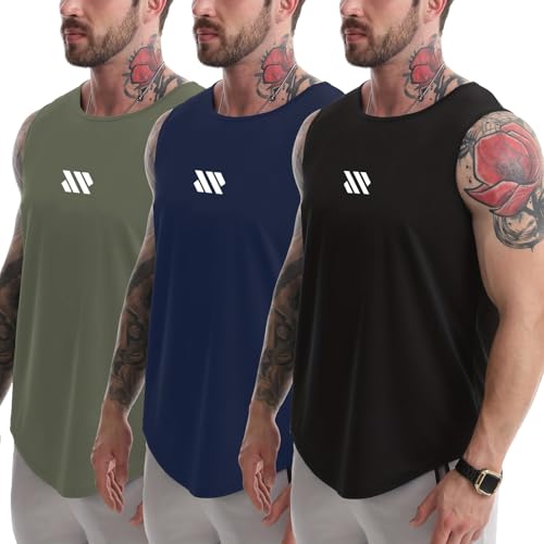 FUHHKYVV Men’s Tank Tops 3-Pack Dry Fit Muscle Shirts X-Large Black Navy Green