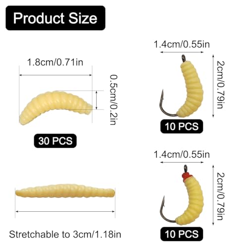 Rubber Fishing Maggots Bait Set - 20 Hooks + 30 Soft Worms