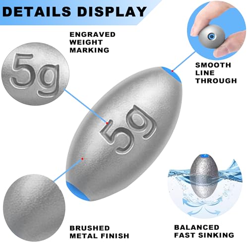 5g Oval Egg Sinkers Fishing Weights – Lead Sliding Sinkers, 20pcs
