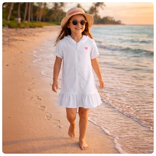 Pink Platinum Girls Hooded Terry Cloth Ruffled Swim Cover Up Dress for Kids