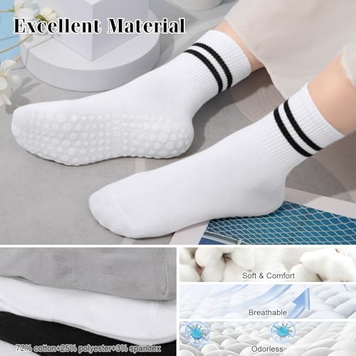 Grippy Pilates Socks for Women - Non-Slip Crew Socks - Black/Pink/White/Gray