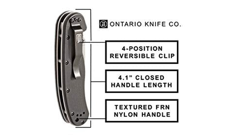 Ontario Knife Company Rat II, Satin AUS-8 Stainless Steel Drop-Point Blade Folding Pocket Knife, Black Nylon Handle Liner Lock Knife, Everyday Carry Knife – ON8860