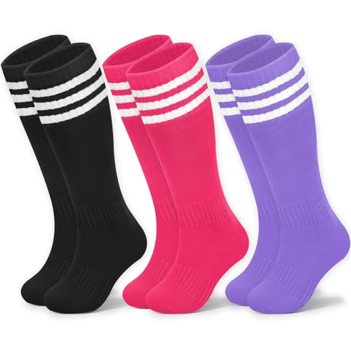 Kids Soccer Socks - Black, Pink & Purple - 3 Pairs (3-6 Years)