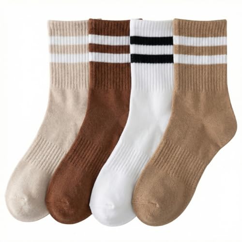 Womens Striped Crew Socks - Cotton Cozy Athletic Casual - 4 Pairs Multicolor