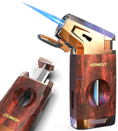 Jaerdhs Refillable Windproof Butane Torch Lighter with V Cutter & Fuel Window – Adjustable Gas Flame for Camping, Grilling, & DIY