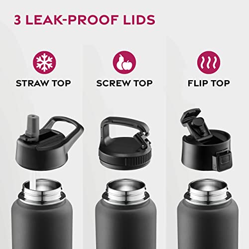 FineDine 25 Oz Insulated Water Bottle with Straw - Inky Raven Black, Triple Wall, Leak-Proof, Durable, BPA-Free