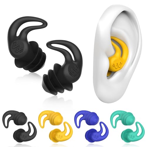 Swimming Ear Plugs - 4 Pairs Silicone Earplugs in Black, Blue, Yellow, Green