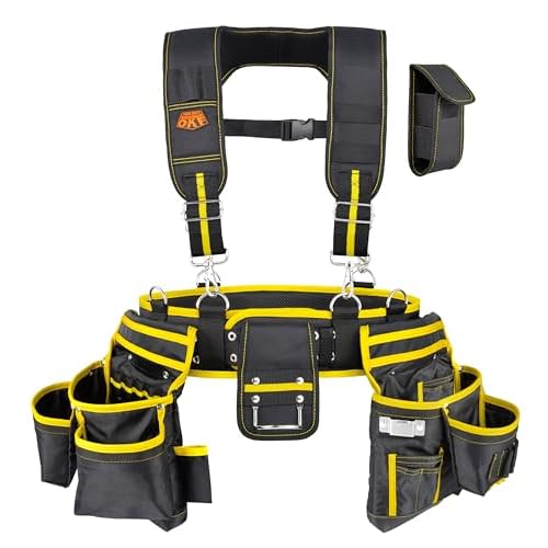 OKF 6-Piece Tool Belt with Suspenders,Magnetic Phone Holder and Hand Drill Tool Pouch Tool Rig for Framers Electrician 1680D Polyester Fabric,20 pockets,Black & Yellow,36-49In,5.5lb