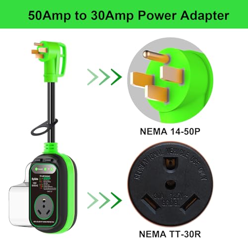 EyGde 50A to 30A RV Adapter with Surge Protector – Patented 4500J, IP67 Waterproof Cover, Circuit Analyzer, Green (50M/30F)