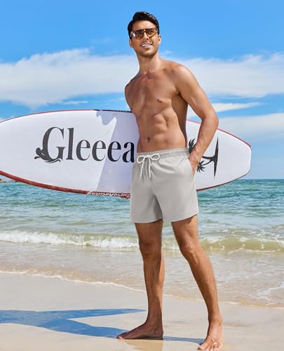 Gleeease 5 Inch Men's Swim Trunks with Compression Liner - Light Grey, Medium