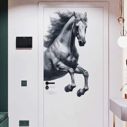 Removable Horse Wall Decals Hand Painted Retro Gray Jumping Horse Door Stickers Peel and Stick Wall Art Murals Home Decor