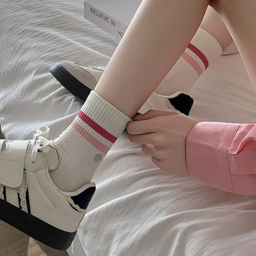 Solid Color Two Stripe Crew Socks - Pink Smiling Face