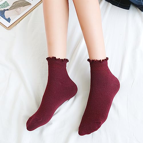 Cotton Ankle Socks - Ruffle Crew Style in Wine Red - 1 Pair