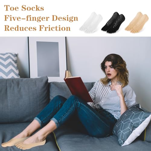 6 Pcs Alignment Toe Socks - No Show Low Cut Five Finger - Black, White, Skin Tone