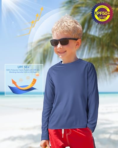 Boys Rash Guard Swim Shirt - UPF 50+ Long Sleeve, Deep Sea Blue - Small