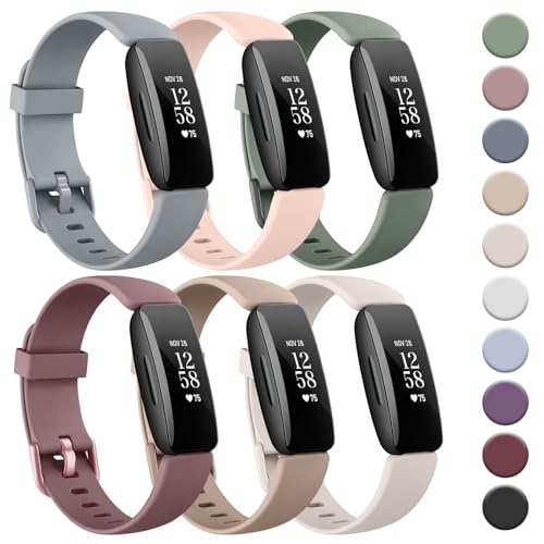 Tobfit 6 Pack Waterproof Silicone Sport Bands for Fitbit Inspire 2 & Ace 3 - Grey, Pink, Green, Purple
