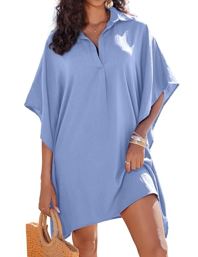 Women's Oversized Beach Cover Up Shirt - Light Blue, S-3XL
