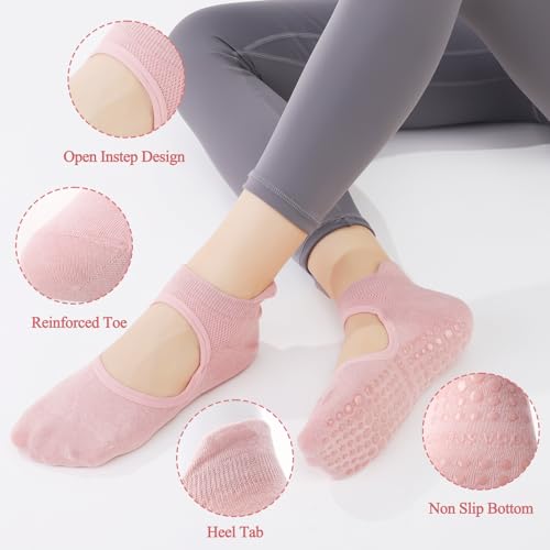 Non-Slip Yoga Socks for Women - 4 Pairs in Beige, Black, Pink, Light Purple